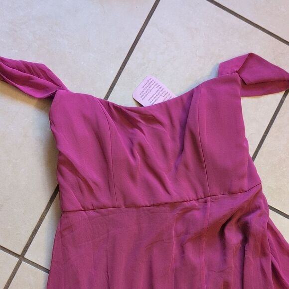 NWT After Six Off-the-Shoulder Maxi Dress Fushia Basque Neck Flounce Sleeves 12 - Picture 2 of 14